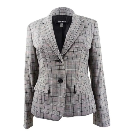 Nine West Black and Gray Plaid Blazer Classic Tailored Style with Red Accent - Picture 1 of 7